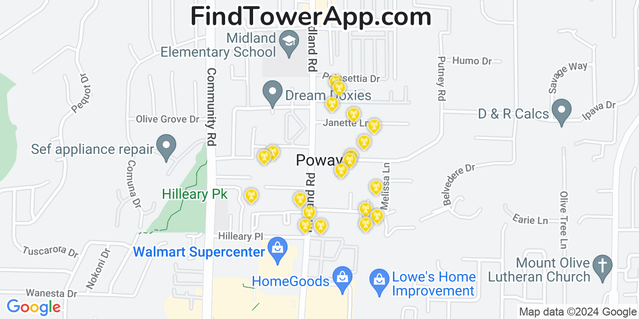 AT&T 4G/5G cell tower coverage map Poway, California