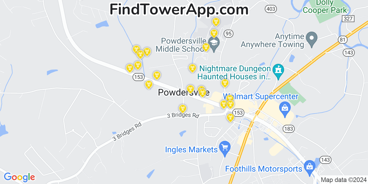 AT&T 4G/5G cell tower coverage map Powdersville, South Carolina