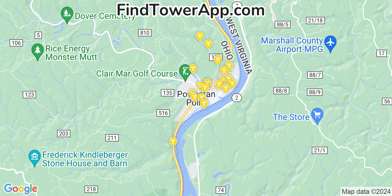 AT&T 4G/5G cell tower coverage map Powhatan Point, Ohio