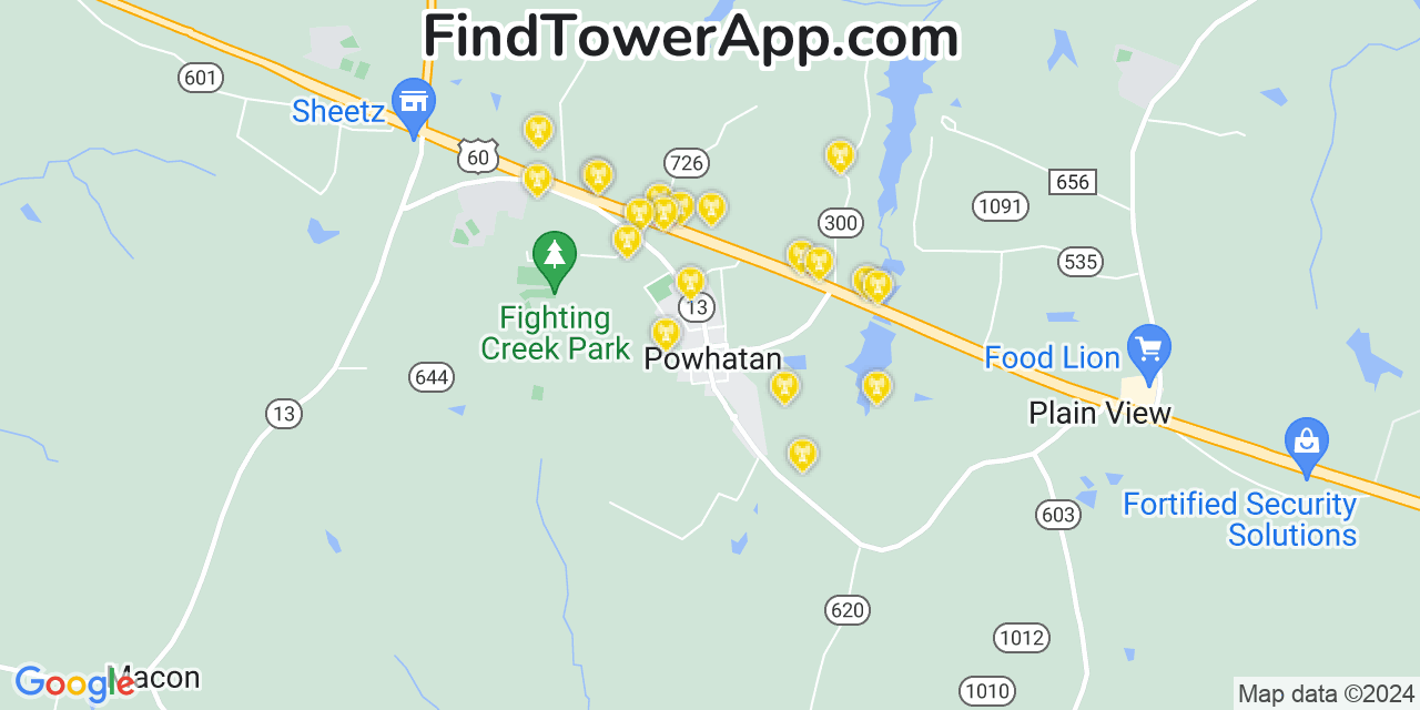 Verizon 4G/5G cell tower coverage map Powhatan, Virginia