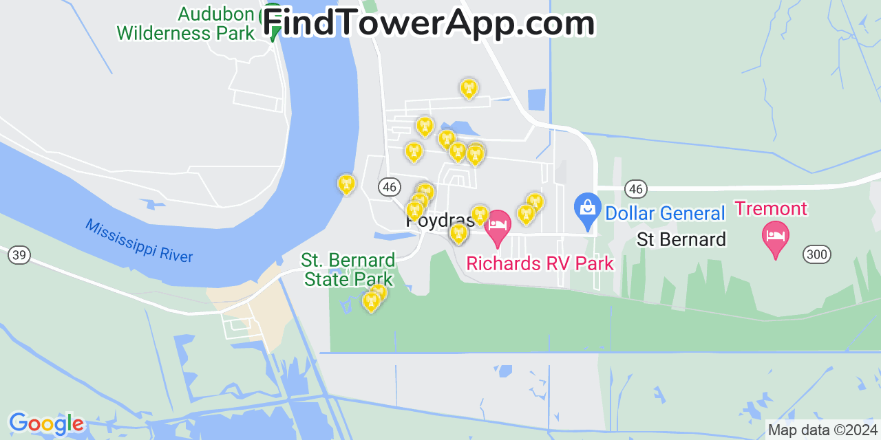T-Mobile 4G/5G cell tower coverage map Poydras, Louisiana