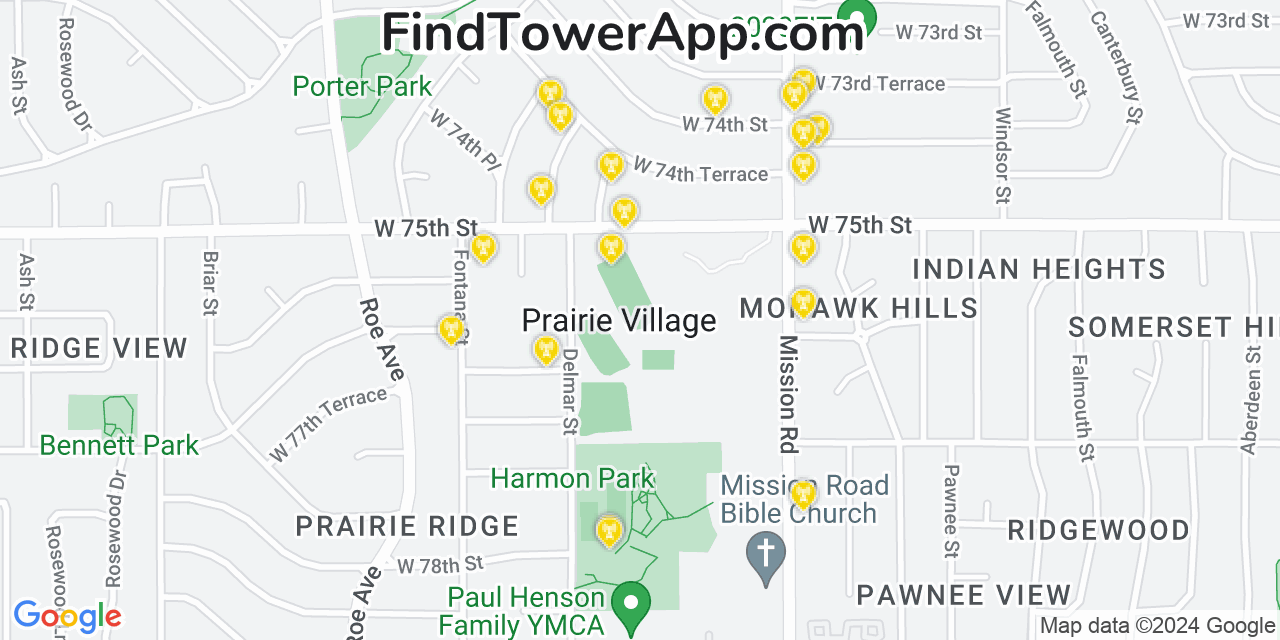 AT&T 4G/5G cell tower coverage map Prairie Village, Kansas