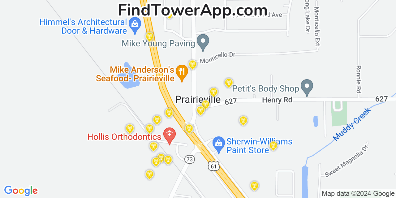 AT&T 4G/5G cell tower coverage map Prairieville, Louisiana