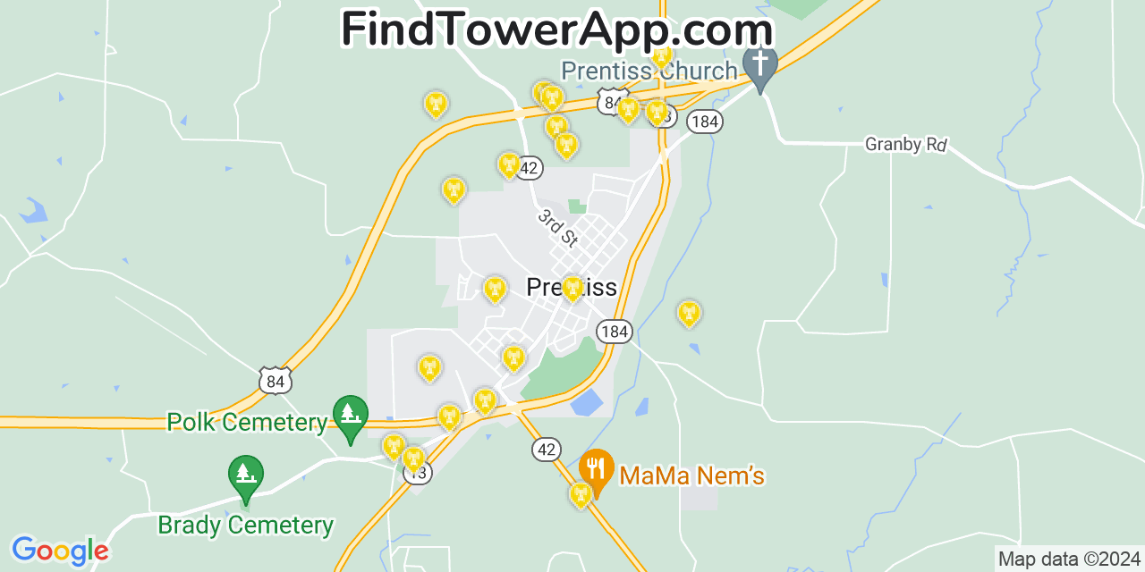 AT&T 4G/5G cell tower coverage map Prentiss, Mississippi
