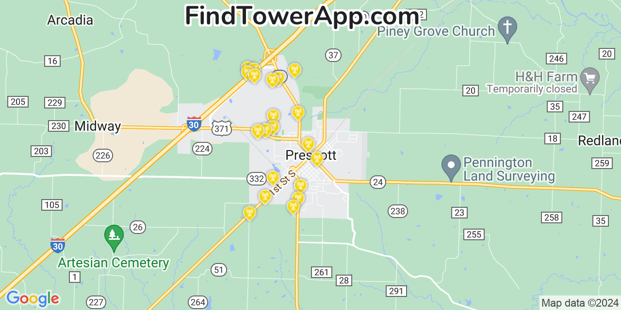AT&T 4G/5G cell tower coverage map Prescott, Arkansas