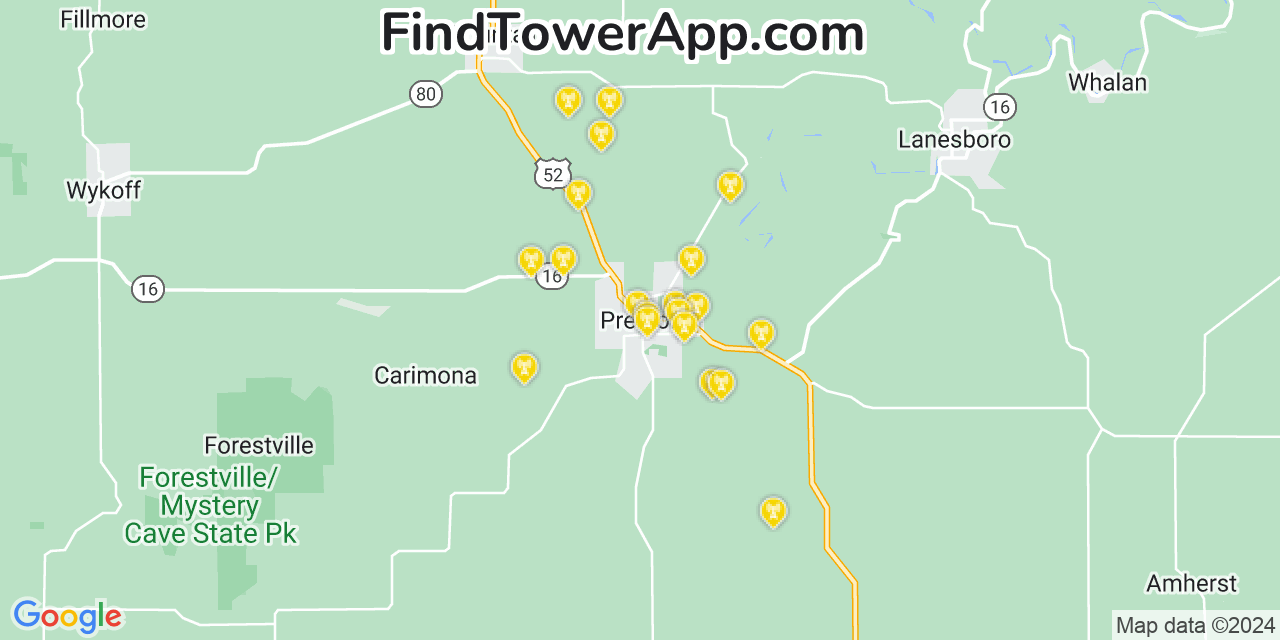 AT&T 4G/5G cell tower coverage map Preston, Minnesota