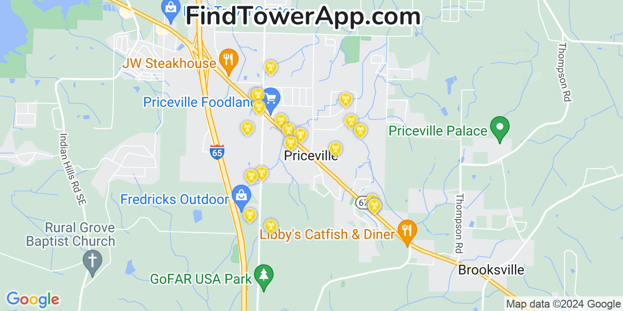 AT&T 4G/5G cell tower coverage map Priceville, Alabama