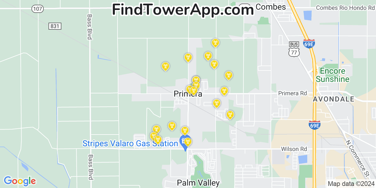 AT&T 4G/5G cell tower coverage map Primera, Texas