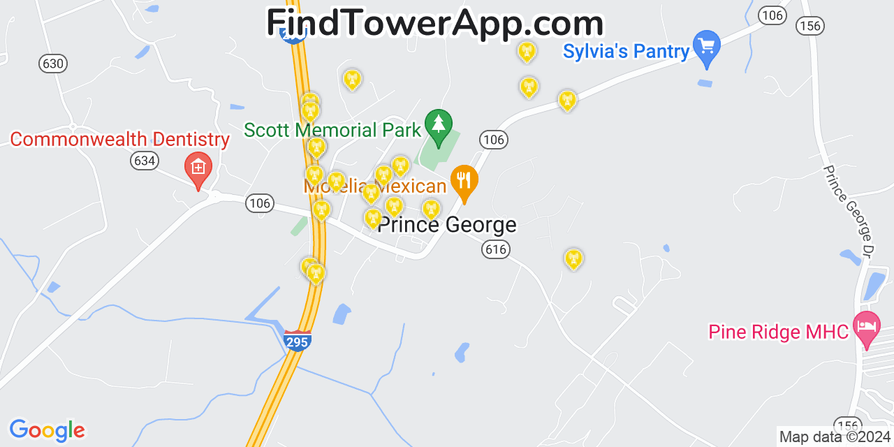 AT&T 4G/5G cell tower coverage map Prince George, Virginia