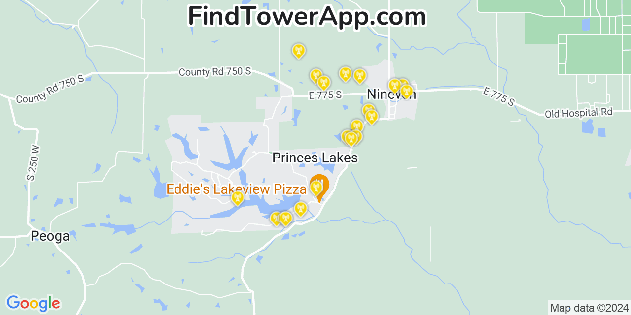 AT&T 4G/5G cell tower coverage map Princes Lakes, Indiana