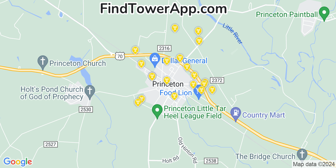 AT&T 4G/5G cell tower coverage map Princeton, North Carolina