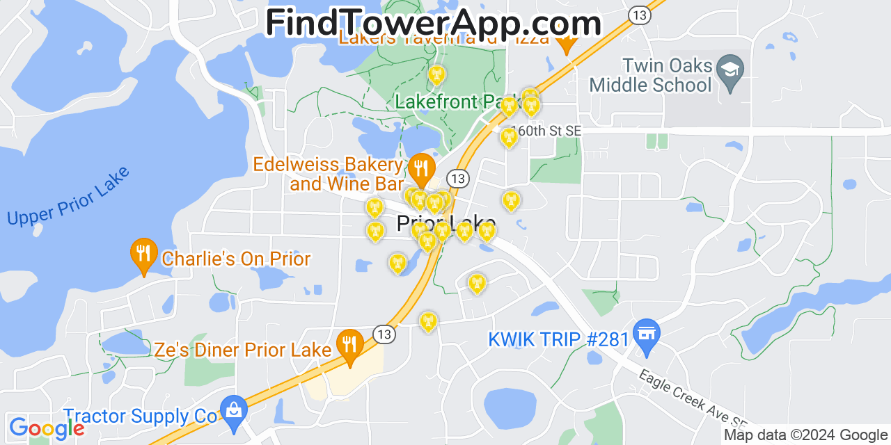 AT&T 4G/5G cell tower coverage map Prior Lake, Minnesota