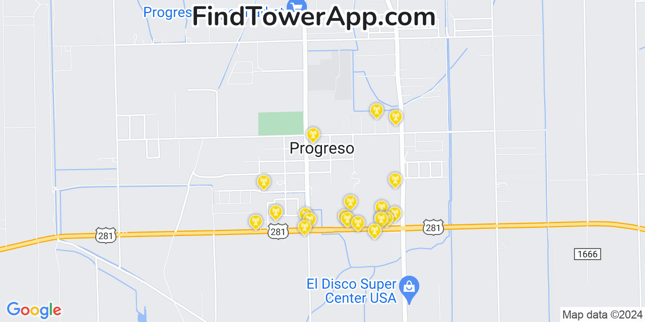 AT&T 4G/5G cell tower coverage map Progreso, Texas