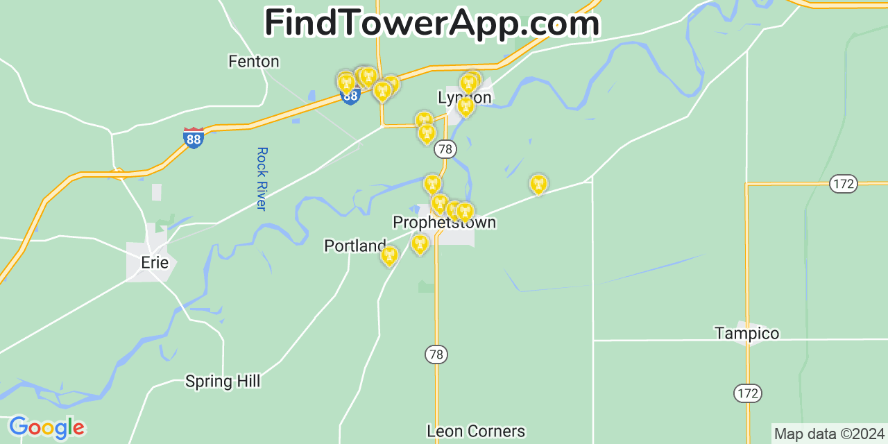 AT&T 4G/5G cell tower coverage map Prophetstown, Illinois