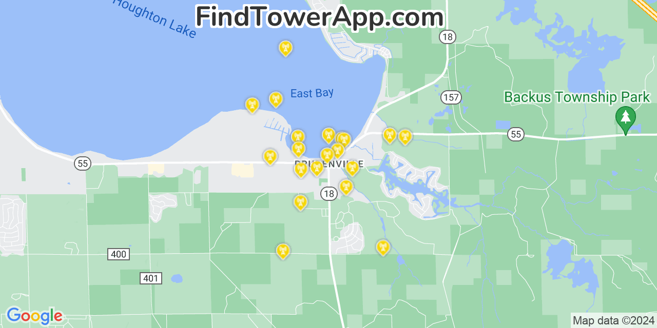 AT&T 4G/5G cell tower coverage map Prudenville, Michigan