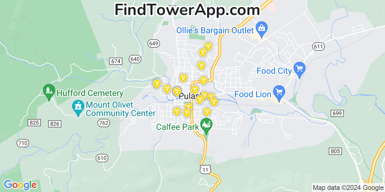 AT&T 4G/5G cell tower coverage map Pulaski, Virginia