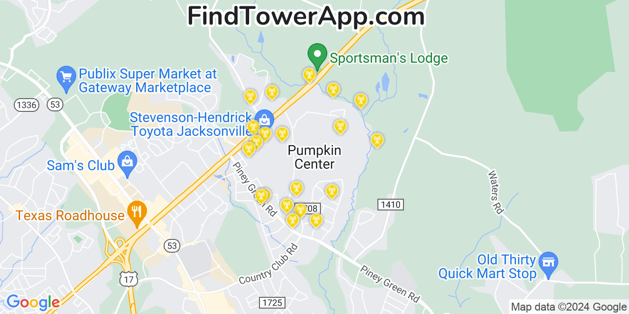 AT&T 4G/5G cell tower coverage map Pumpkin Center, North Carolina