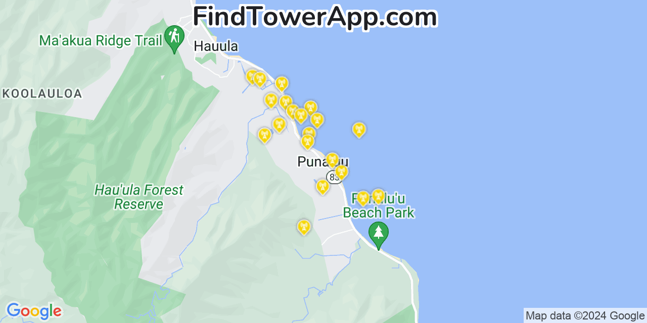 AT&T 4G/5G cell tower coverage map Punalu‘u, Hawaii