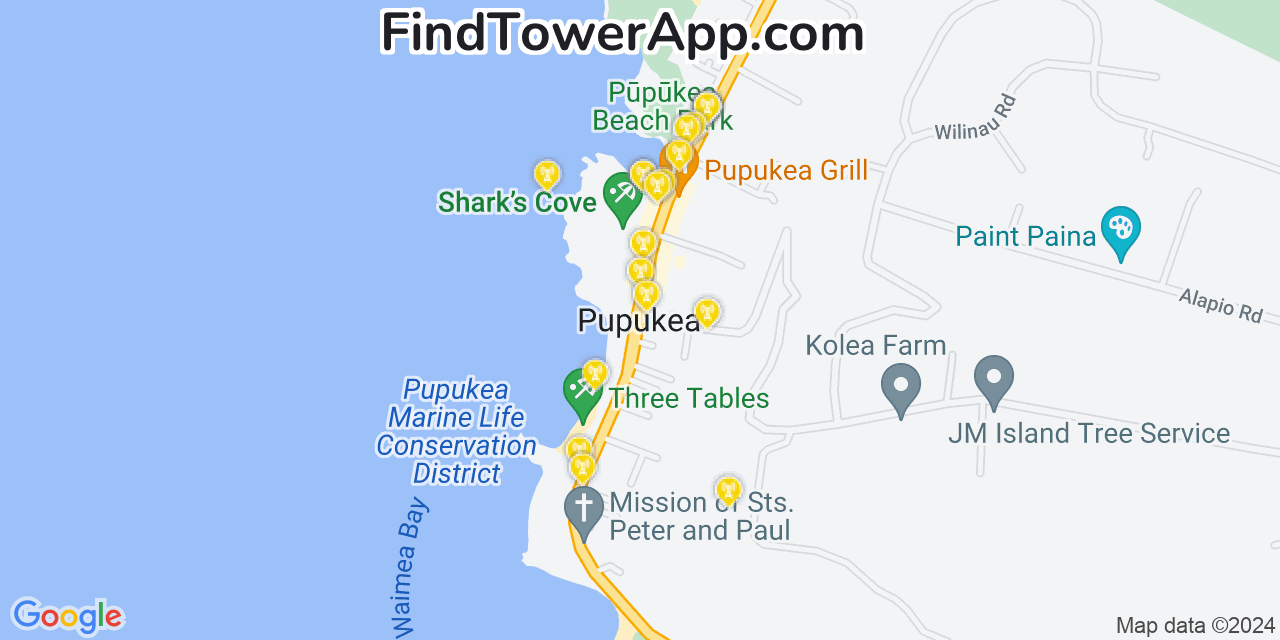 AT&T 4G/5G cell tower coverage map Pupukea, Hawaii