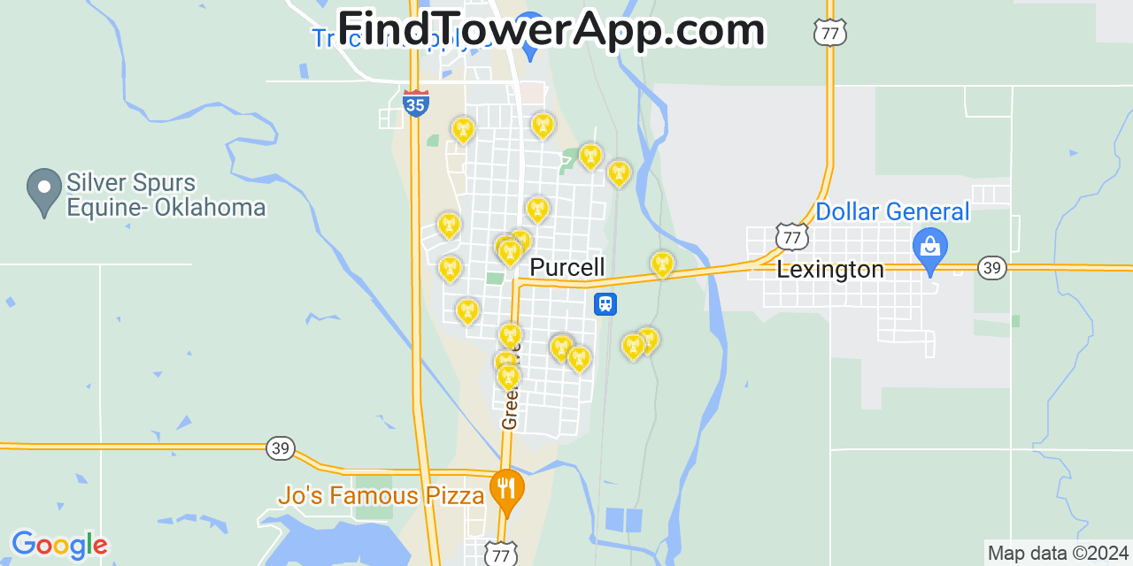 AT&T 4G/5G cell tower coverage map Purcell, Oklahoma