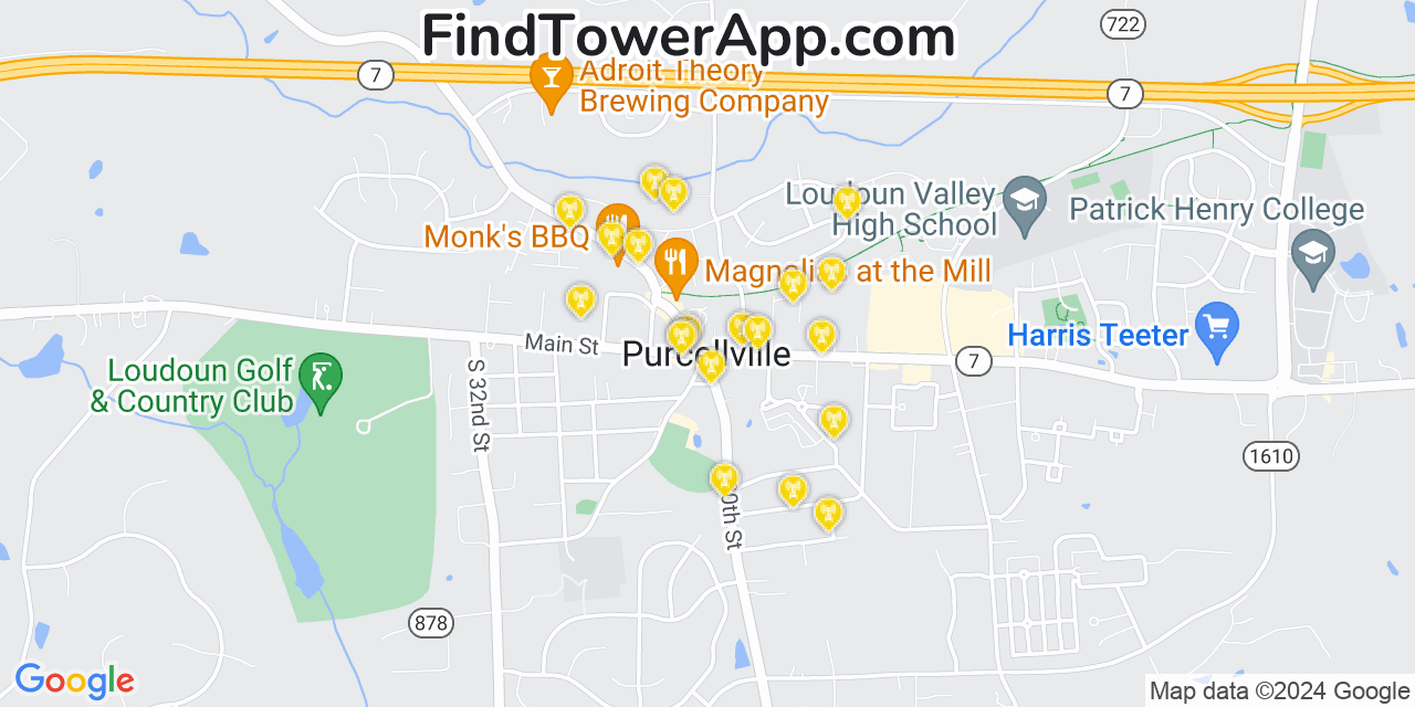 AT&T 4G/5G cell tower coverage map Purcellville, Virginia
