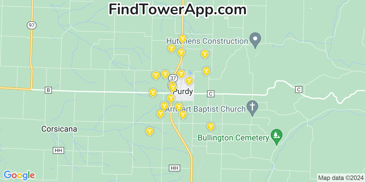 AT&T 4G/5G cell tower coverage map Purdy, Missouri