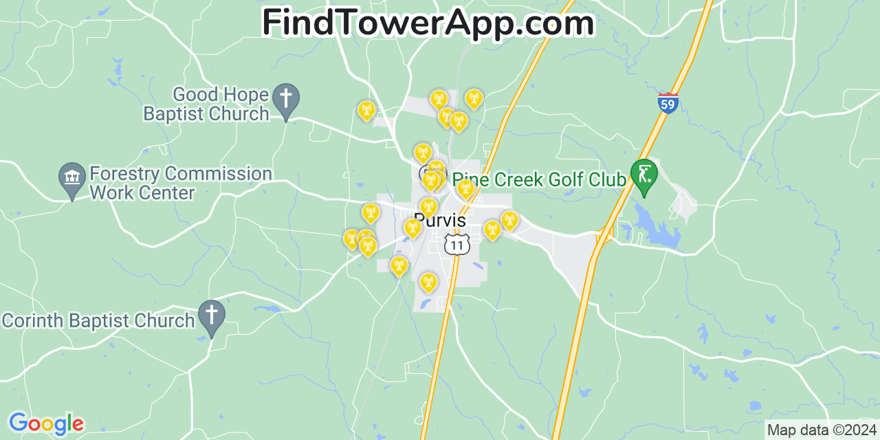 AT&T 4G/5G cell tower coverage map Purvis, Mississippi