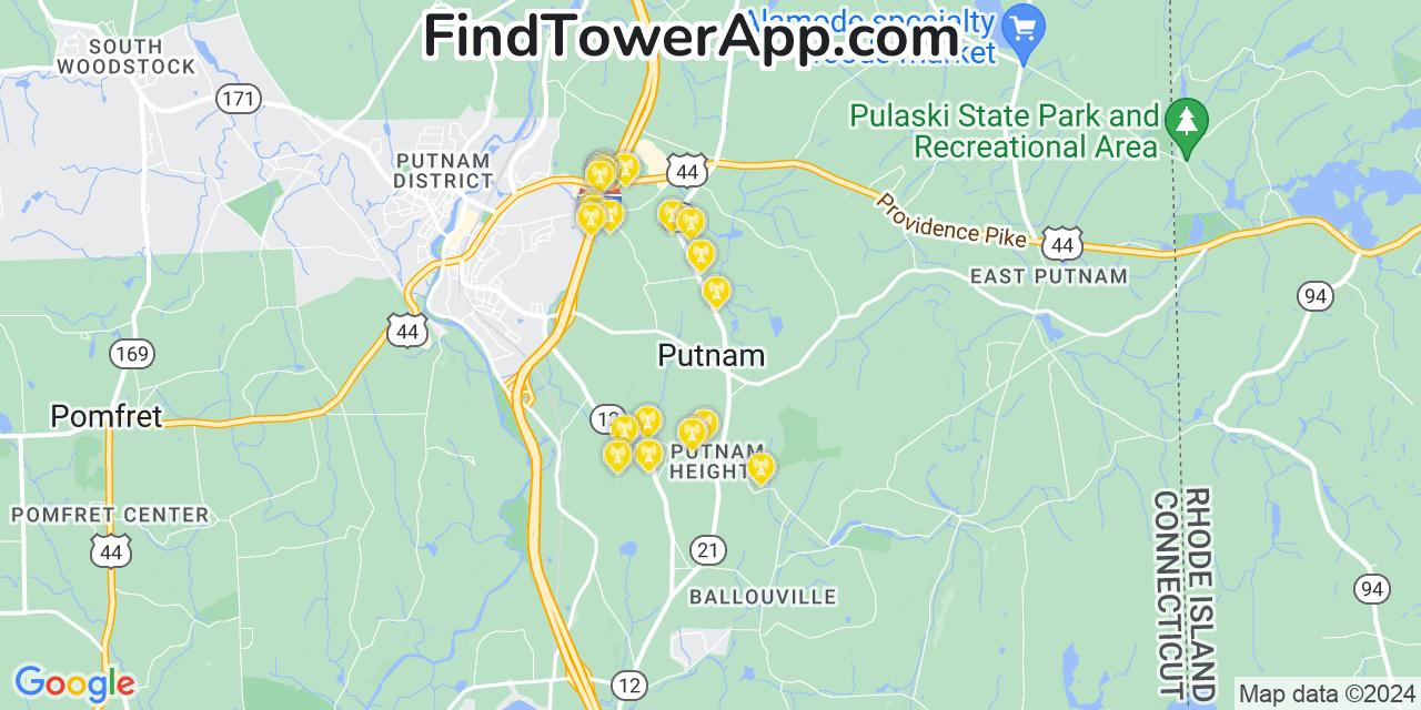 AT&T 4G/5G cell tower coverage map Putnam, Connecticut