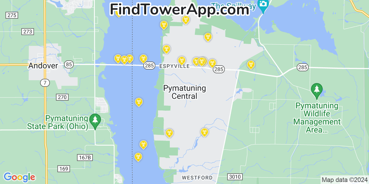 AT&T 4G/5G cell tower coverage map Pymatuning Central, Pennsylvania