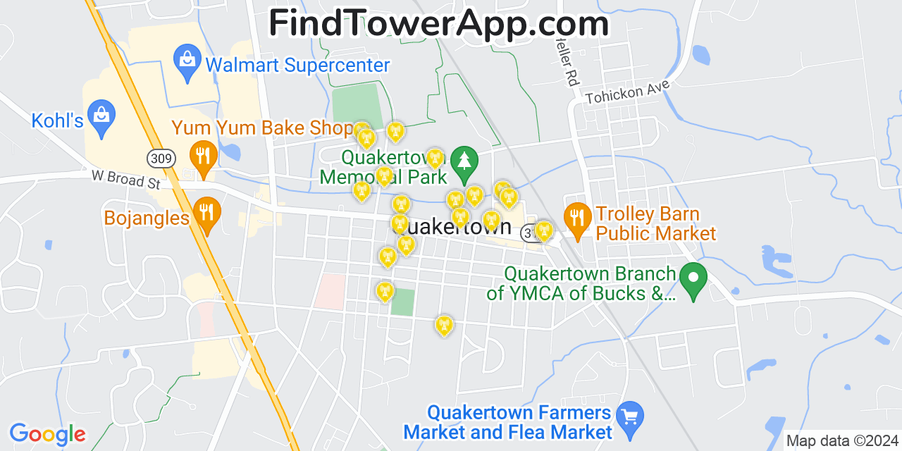AT&T 4G/5G cell tower coverage map Quakertown, Pennsylvania