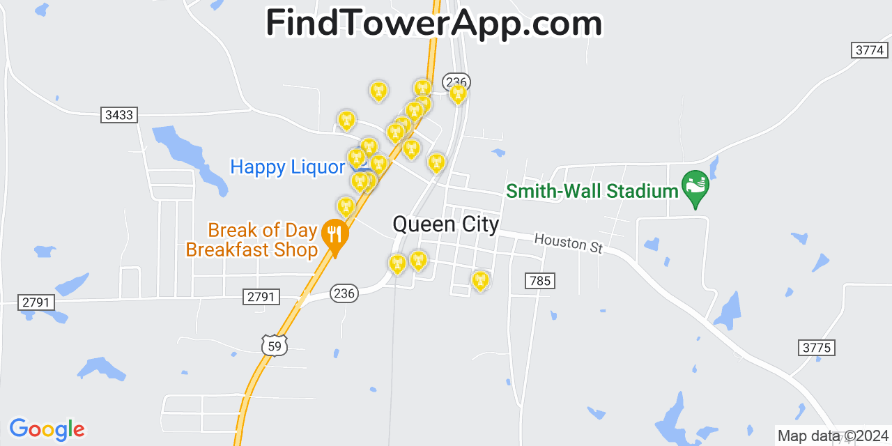 AT&T 4G/5G cell tower coverage map Queen City, Texas