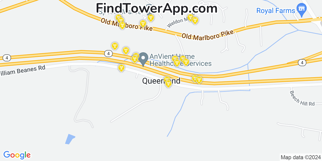 AT&T 4G/5G cell tower coverage map Queenland, Maryland