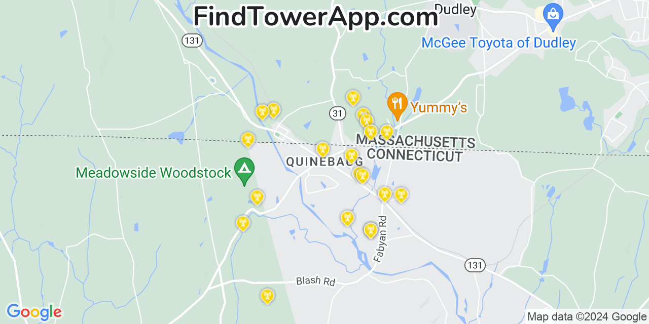 AT&T 4G/5G cell tower coverage map Quinebaug, Connecticut
