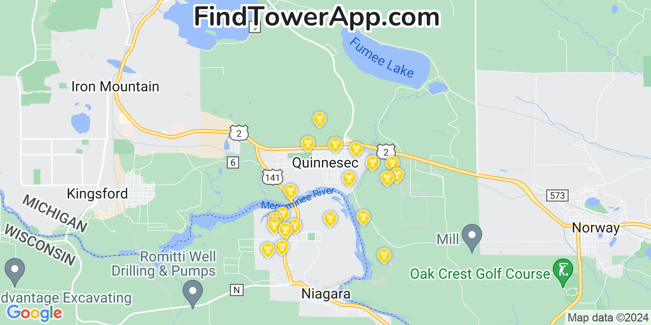 AT&T 4G/5G cell tower coverage map Quinnesec, Michigan