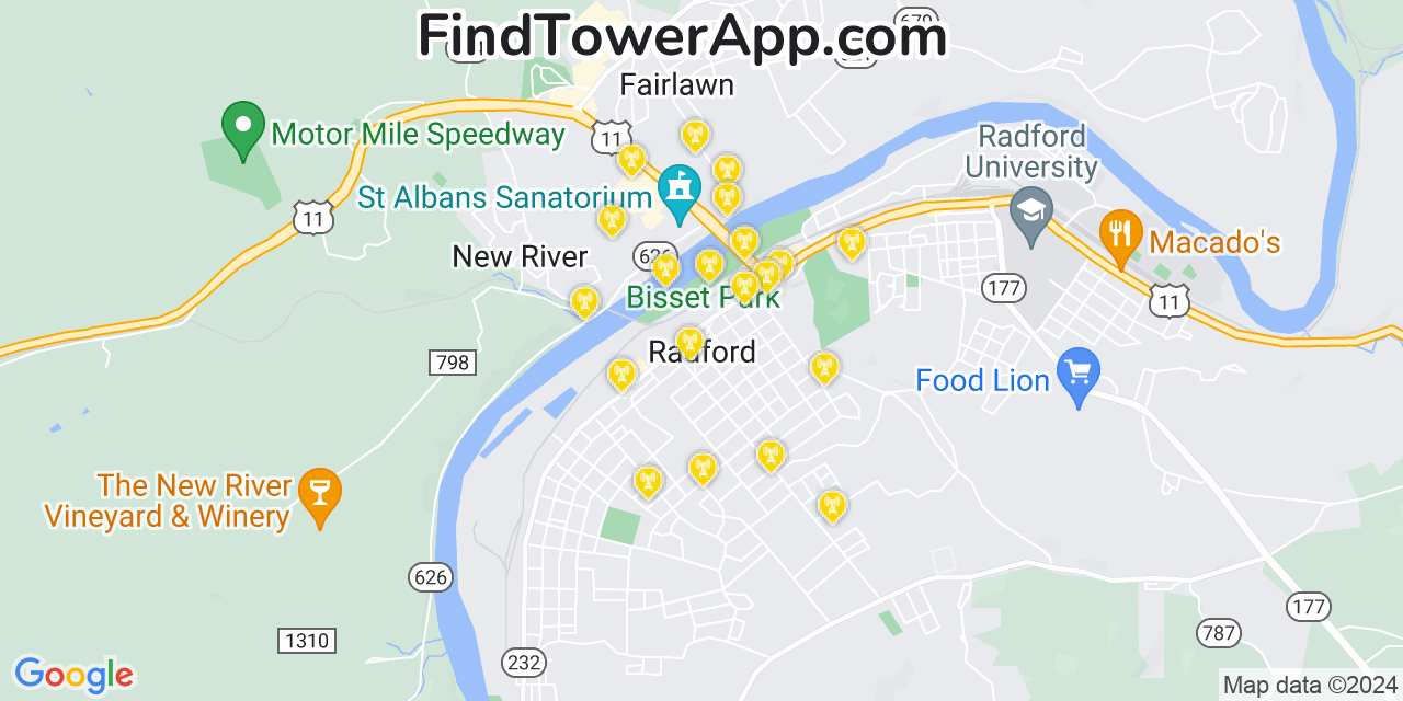 AT&T 4G/5G cell tower coverage map Radford, Virginia