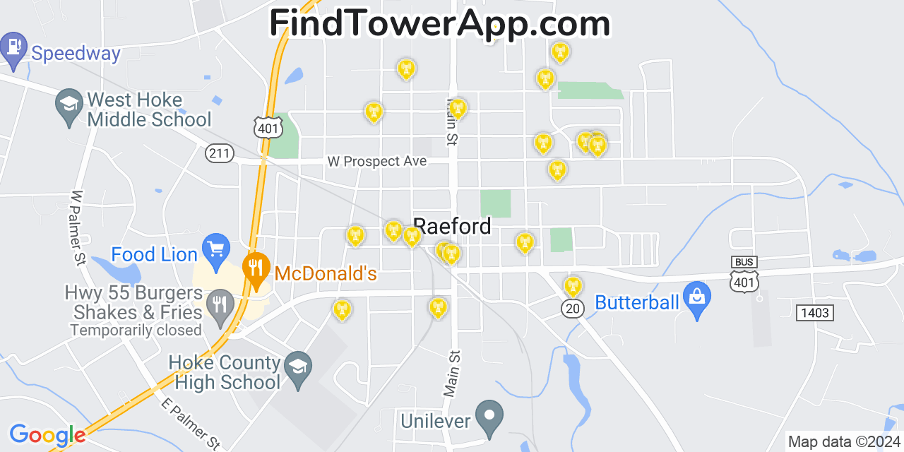 AT&T 4G/5G cell tower coverage map Raeford, North Carolina
