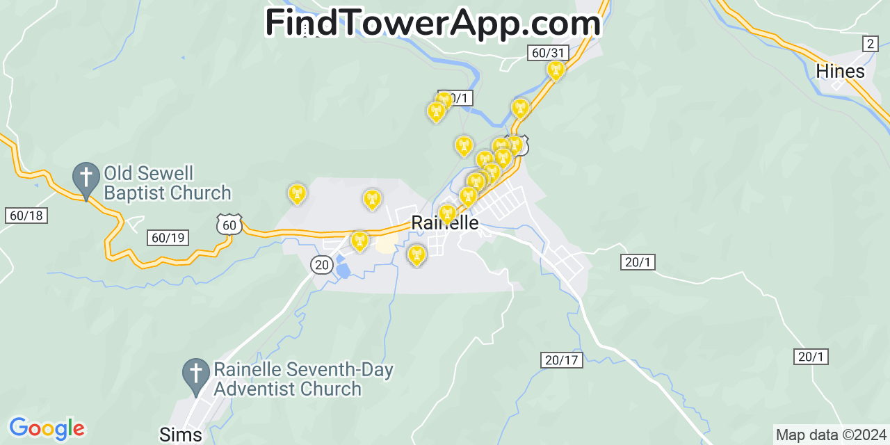 AT&T 4G/5G cell tower coverage map Rainelle, West Virginia