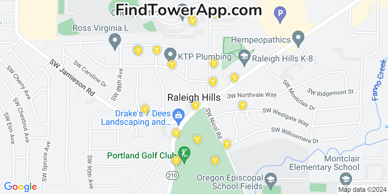 AT&T 4G/5G cell tower coverage map Raleigh Hills, Oregon