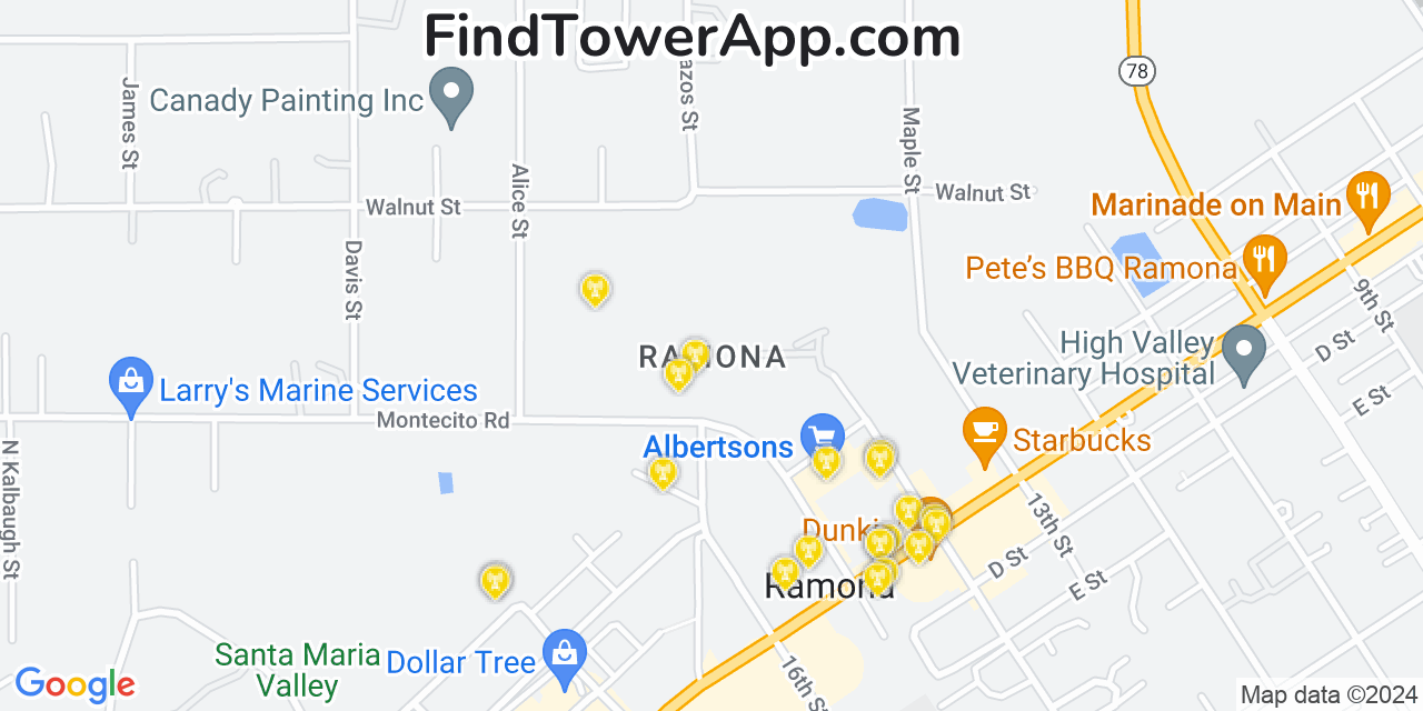 AT&T 4G/5G cell tower coverage map Ramona, California