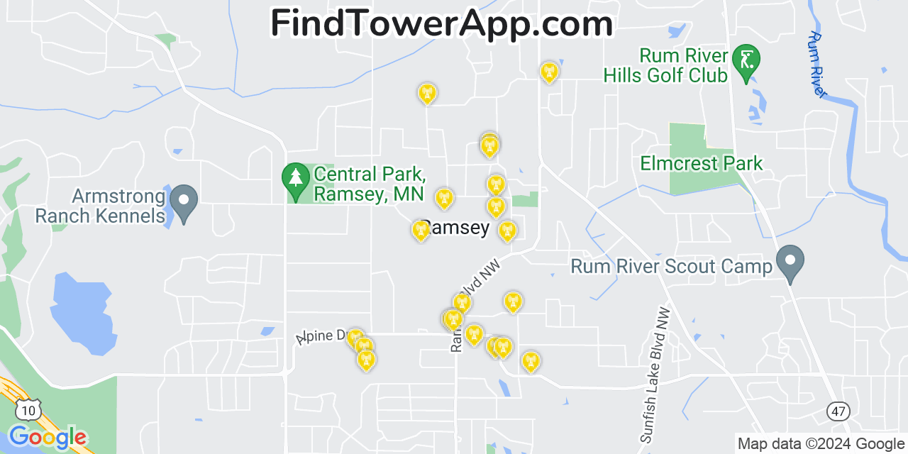 AT&T 4G/5G cell tower coverage map Ramsey, Minnesota