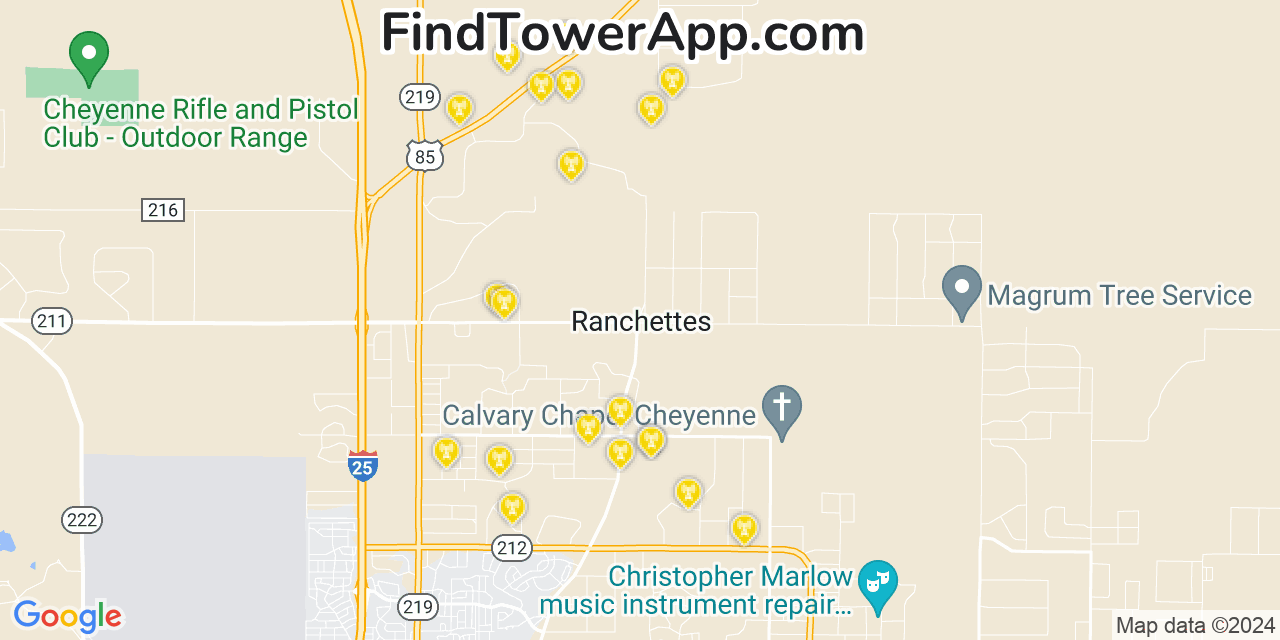 AT&T 4G/5G cell tower coverage map Ranchettes, Wyoming