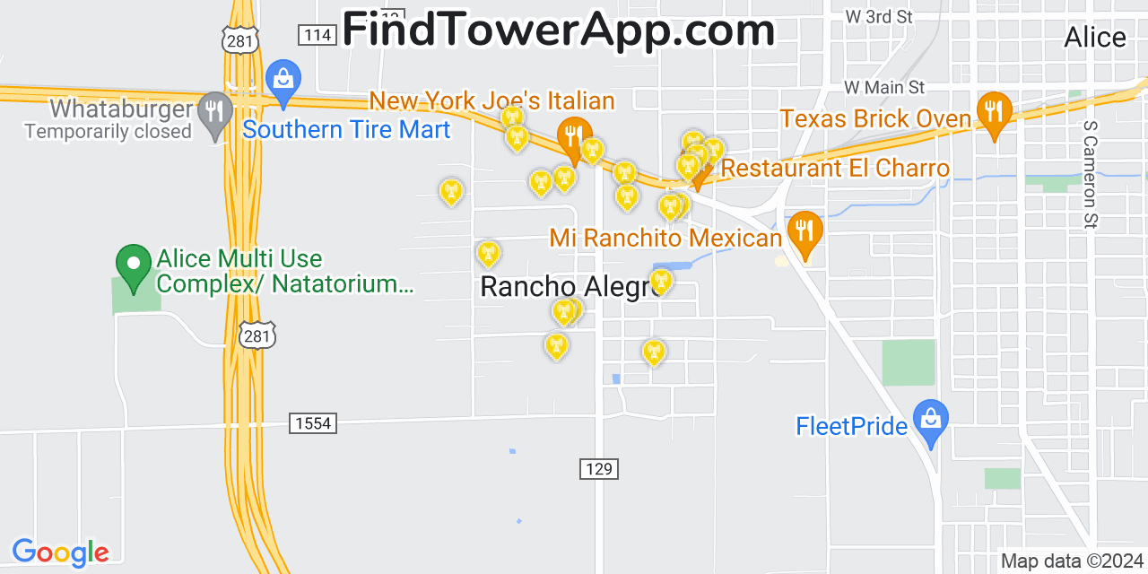 AT&T 4G/5G cell tower coverage map Rancho Alegre, Texas