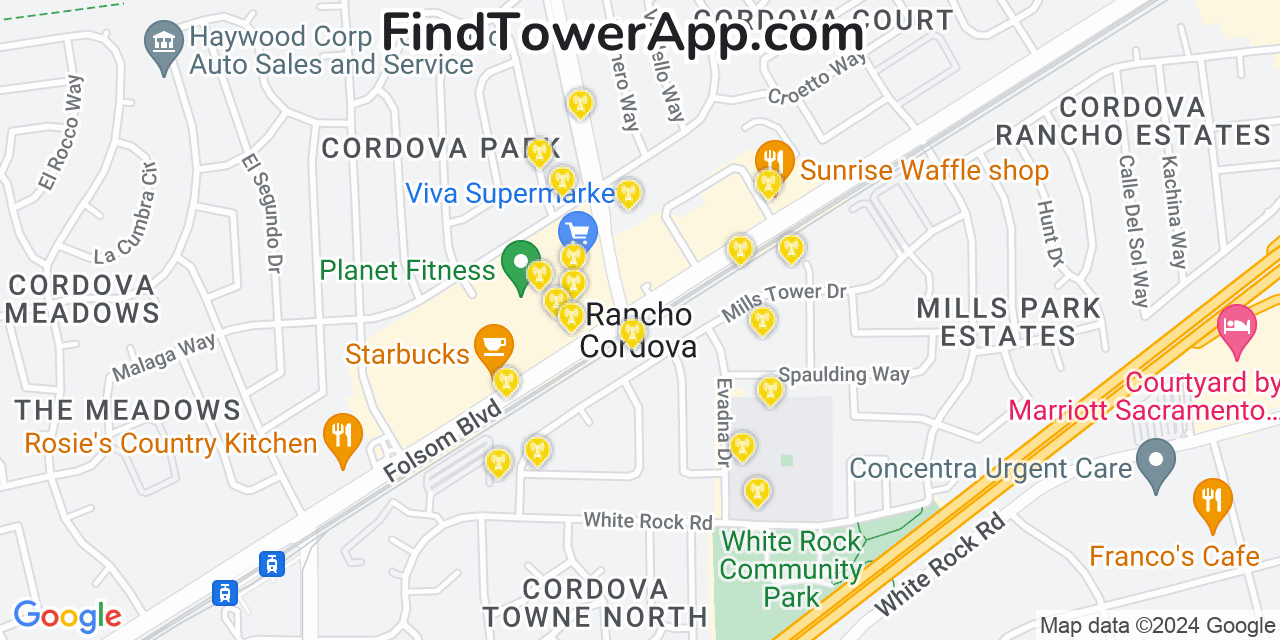 AT&T 4G/5G cell tower coverage map Rancho Cordova, California