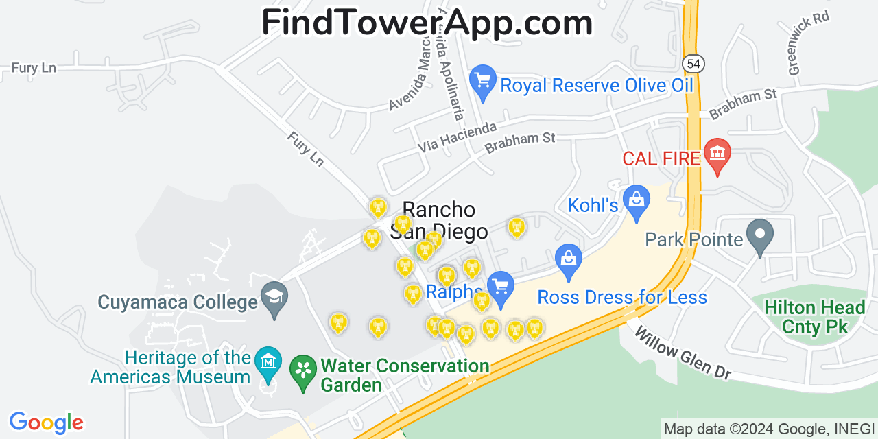 Verizon 4G/5G cell tower coverage map Rancho San Diego, California