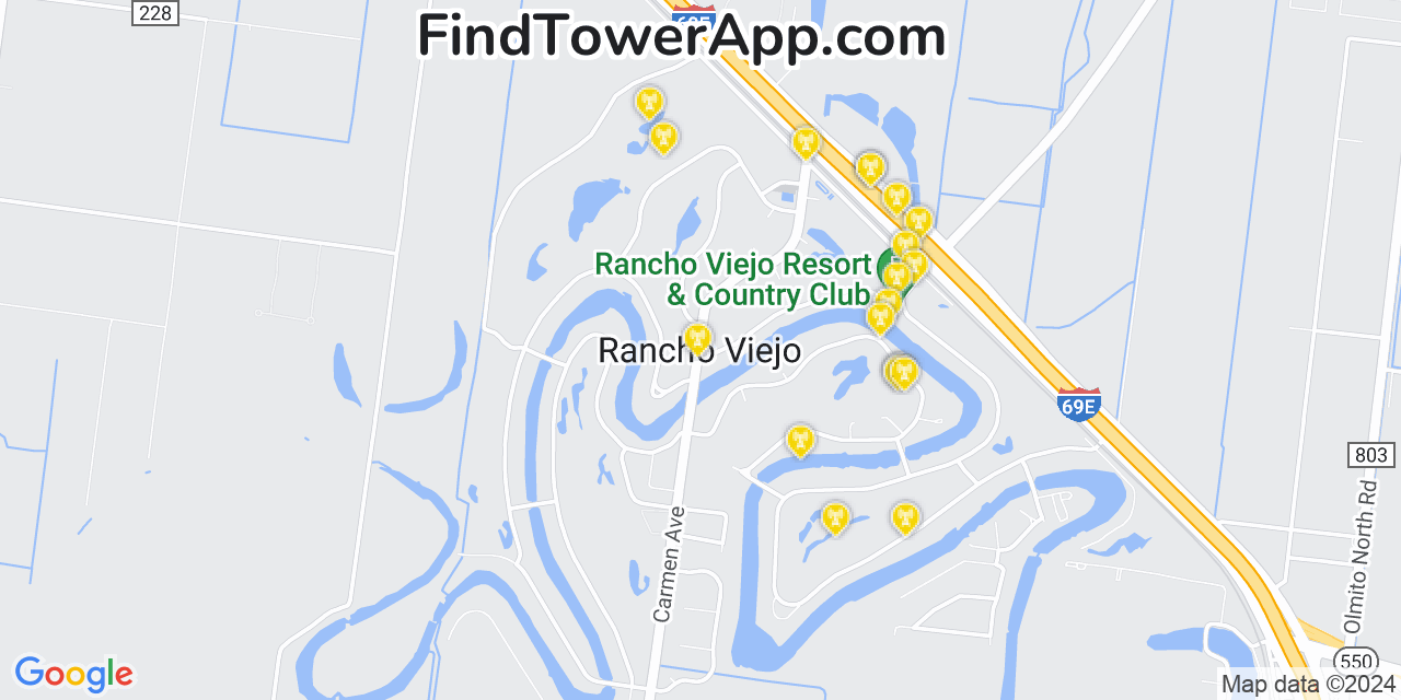 AT&T 4G/5G cell tower coverage map Rancho Viejo, Texas