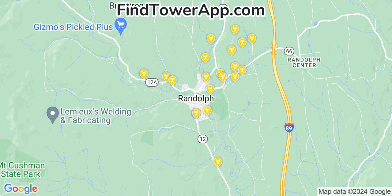 AT&T 4G/5G cell tower coverage map Randolph, Vermont