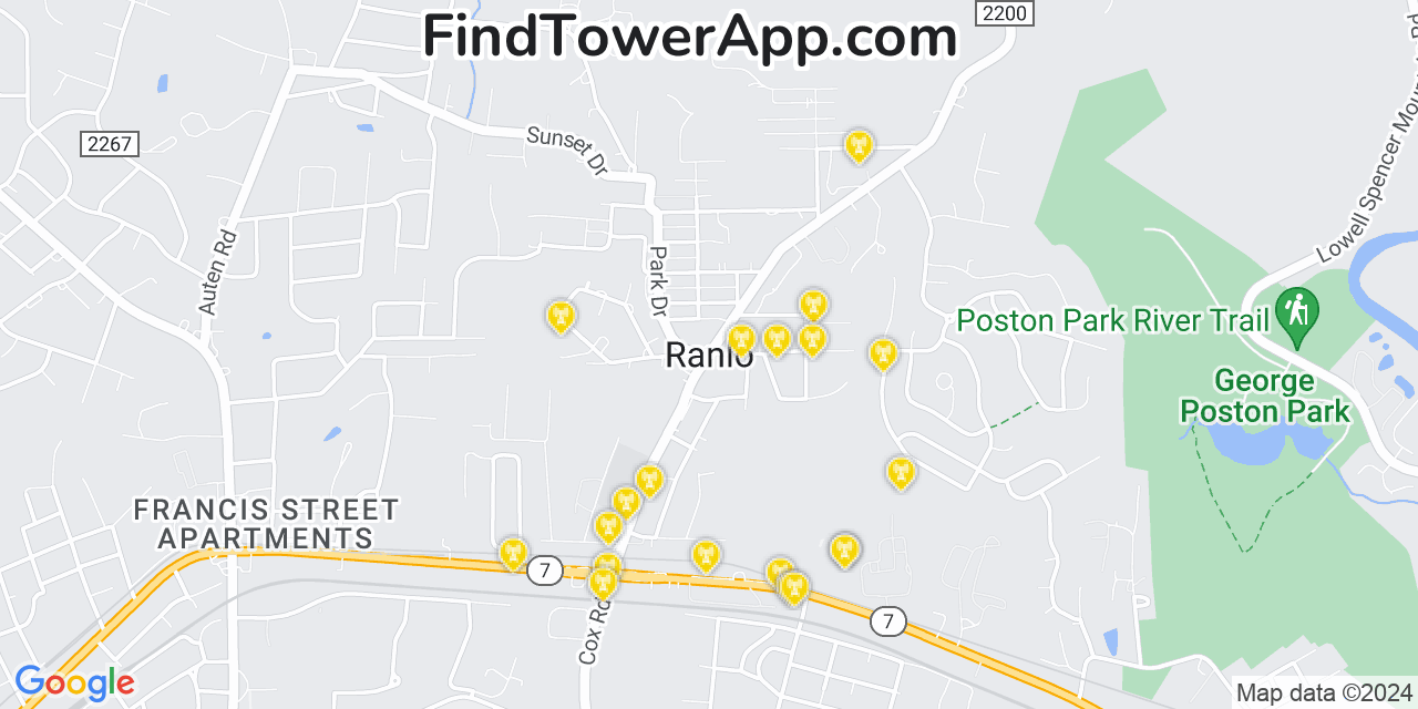 AT&T 4G/5G cell tower coverage map Ranlo, North Carolina