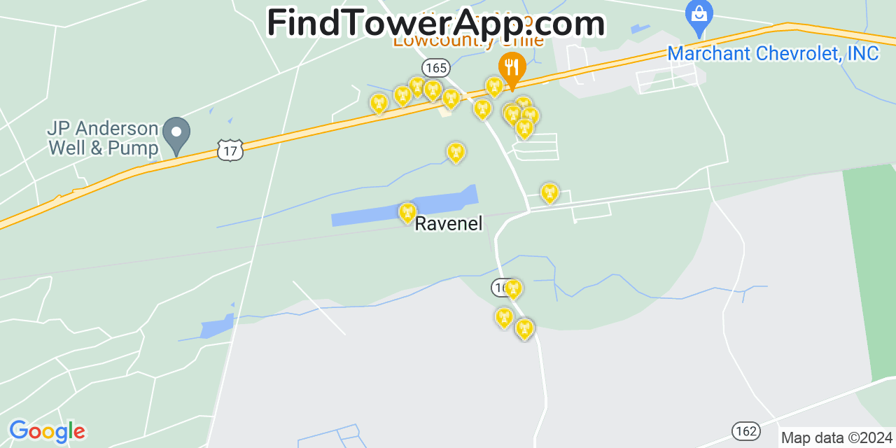AT&T 4G/5G cell tower coverage map Ravenel, South Carolina
