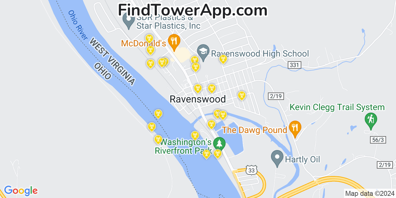 AT&T 4G/5G cell tower coverage map Ravenswood, West Virginia