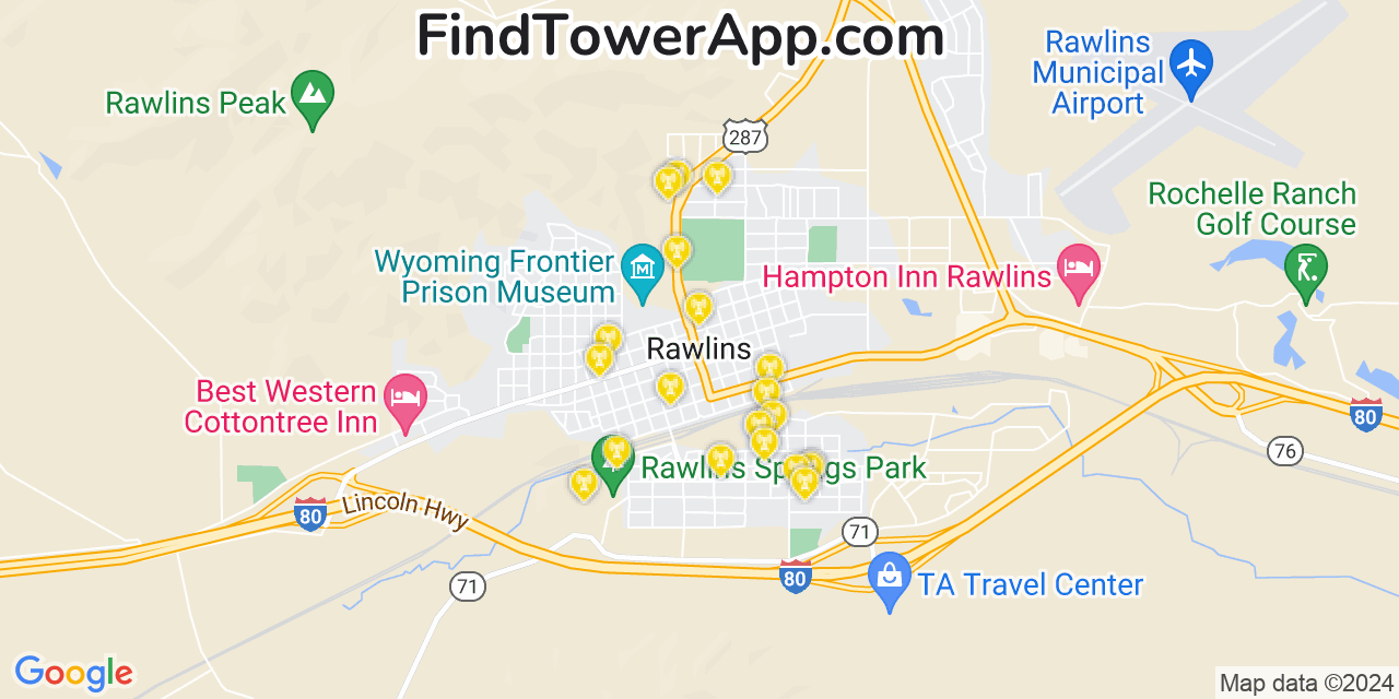 AT&T 4G/5G cell tower coverage map Rawlins, Wyoming